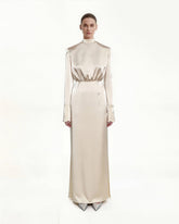 Structured Shoulder Design Satin High-Neck Fitted Maxi Dress - Cream