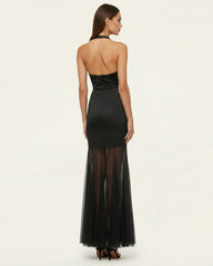 Orchid Embroidered Sheer Hem Halter Maxi Dress- Black Purple