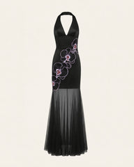 Orchid Embroidered Sheer Hem Halter Maxi Dress- Black Purple
