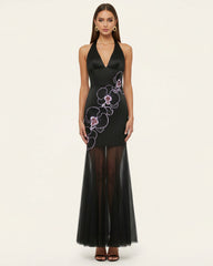 Orchid Embroidered Sheer Hem Halter Maxi Dress- Black Purple
