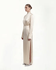 Structured Shoulder Design Satin High-Neck Fitted Maxi Dress - Cream