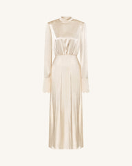 Structured Shoulder Design Satin High-Neck Fitted Maxi Dress - Cream
