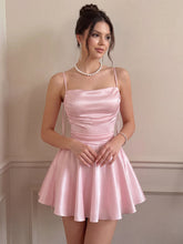 A-Line/Princess Homecoming Dresses Satin Spaghetti Straps Sleeveless Short/Mini Dresses With Pleats/Back Lace-Up