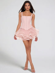 A-Line/Princess Homecoming Dresses Party Dresses Corset Square Neck Sleeveless Short/Mini Satin&Organza Dresses Short Prom Dresses With Back Lace-Up
