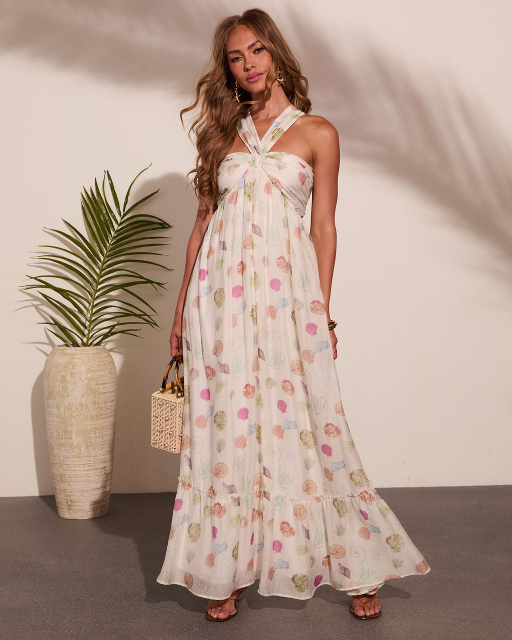Sea Shimmer Seashell Print Halter Neck Maxi Dress