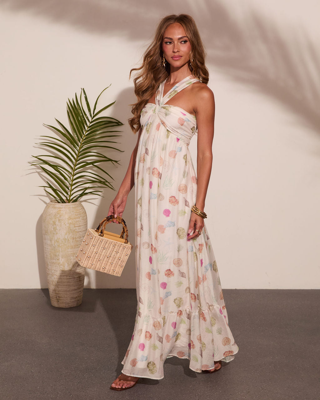 Sea Shimmer Seashell Print Halter Neck Maxi Dress