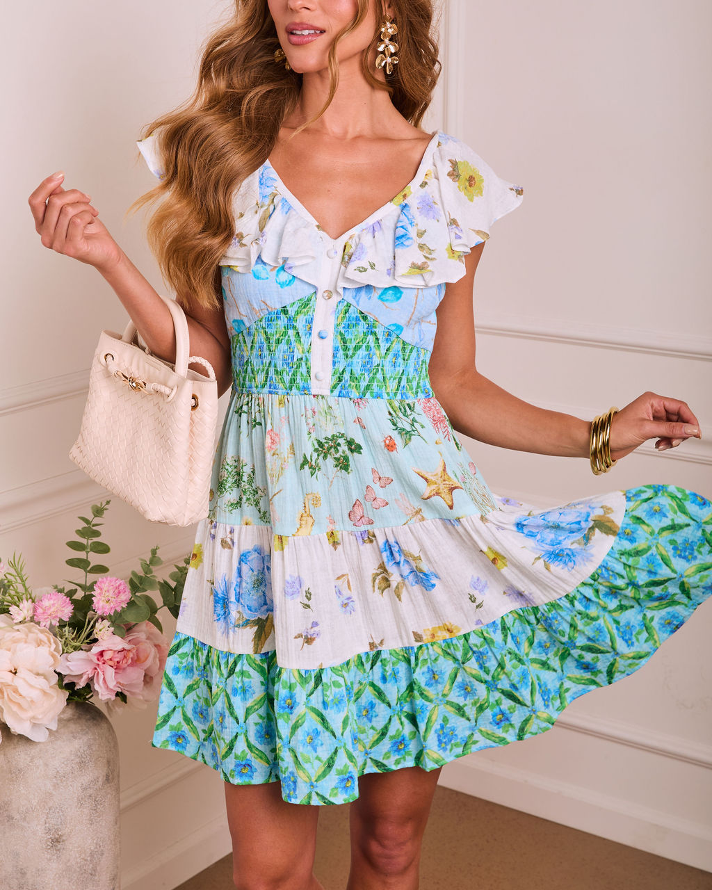 Daisy Bloom Floral Color Block Mini Dress