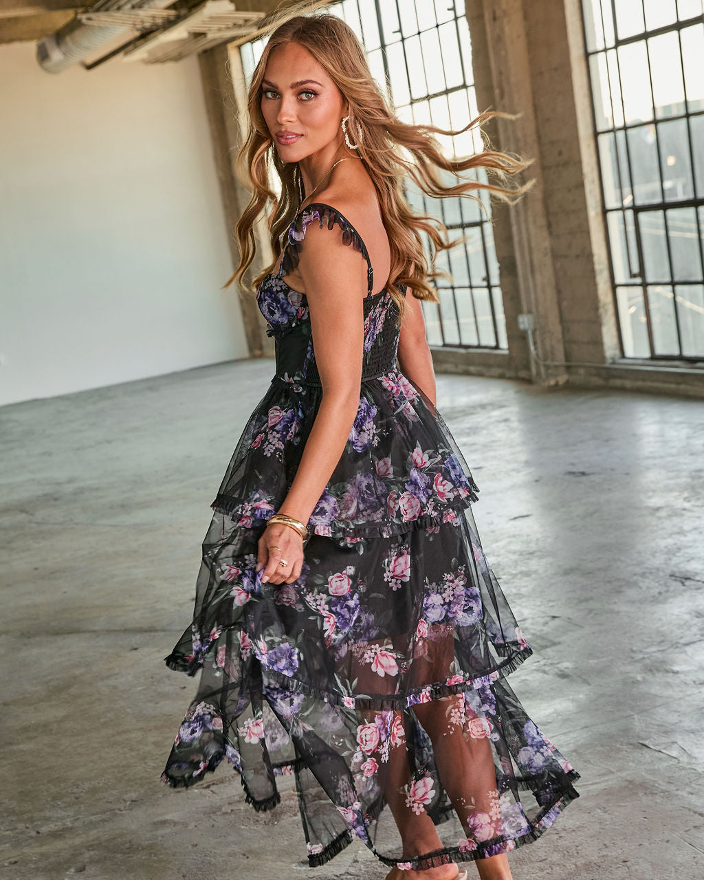 Reina Tiered Mesh Floral Maxi Dress