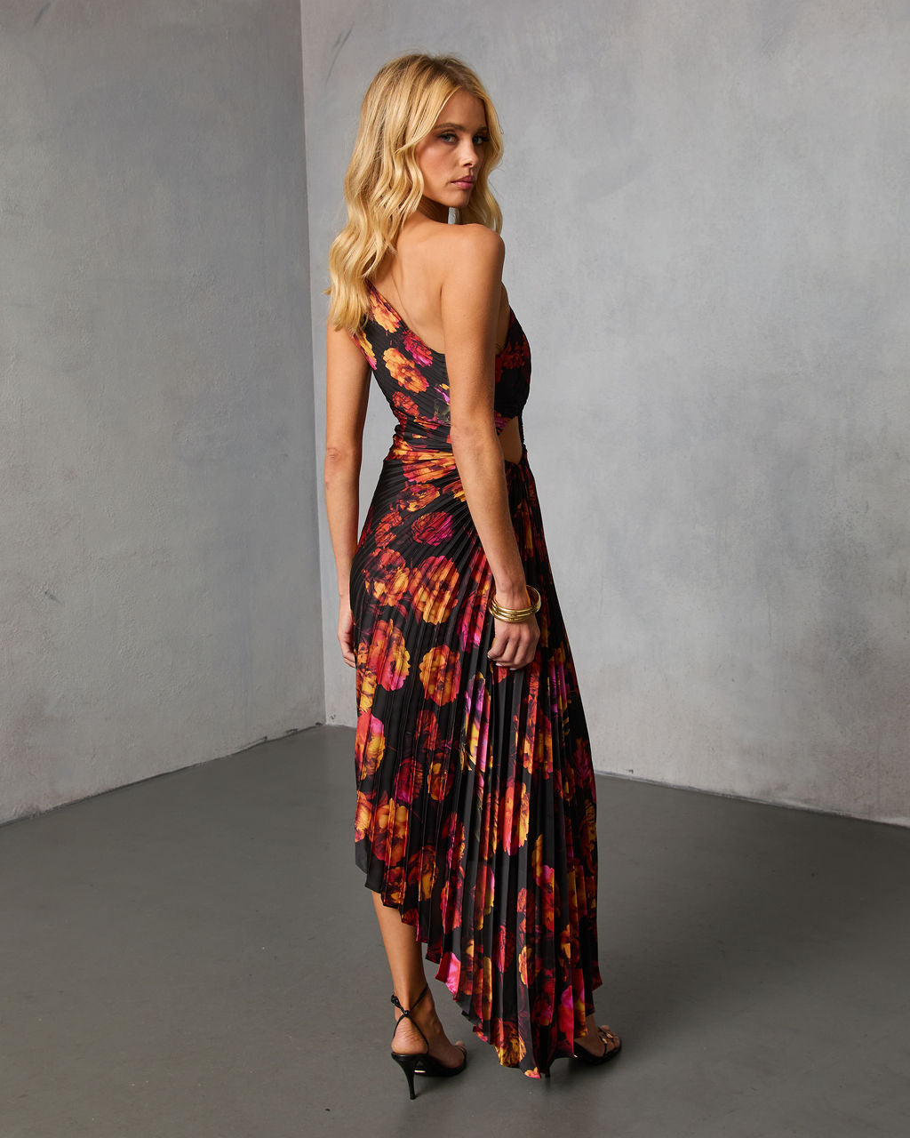 Modern Day Glam Printed One Shoulder Asymmetrical Maxi Dress