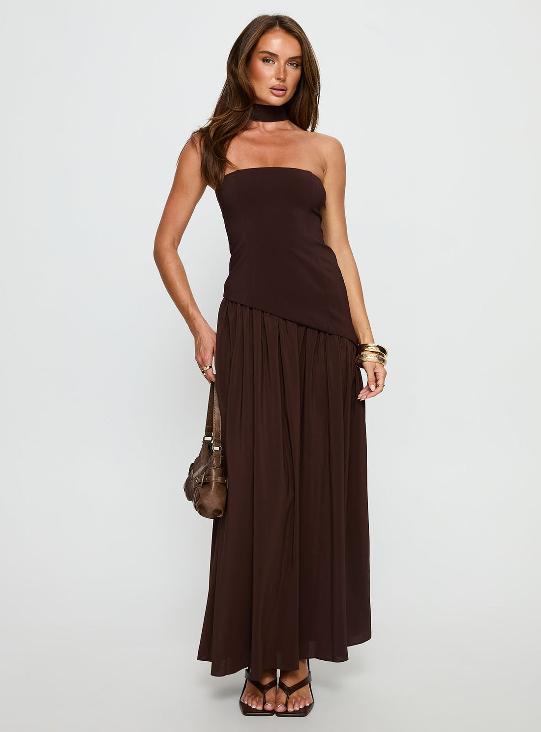 Odela Strapless Scarf Drop Waist Maxi Dress Chocolate