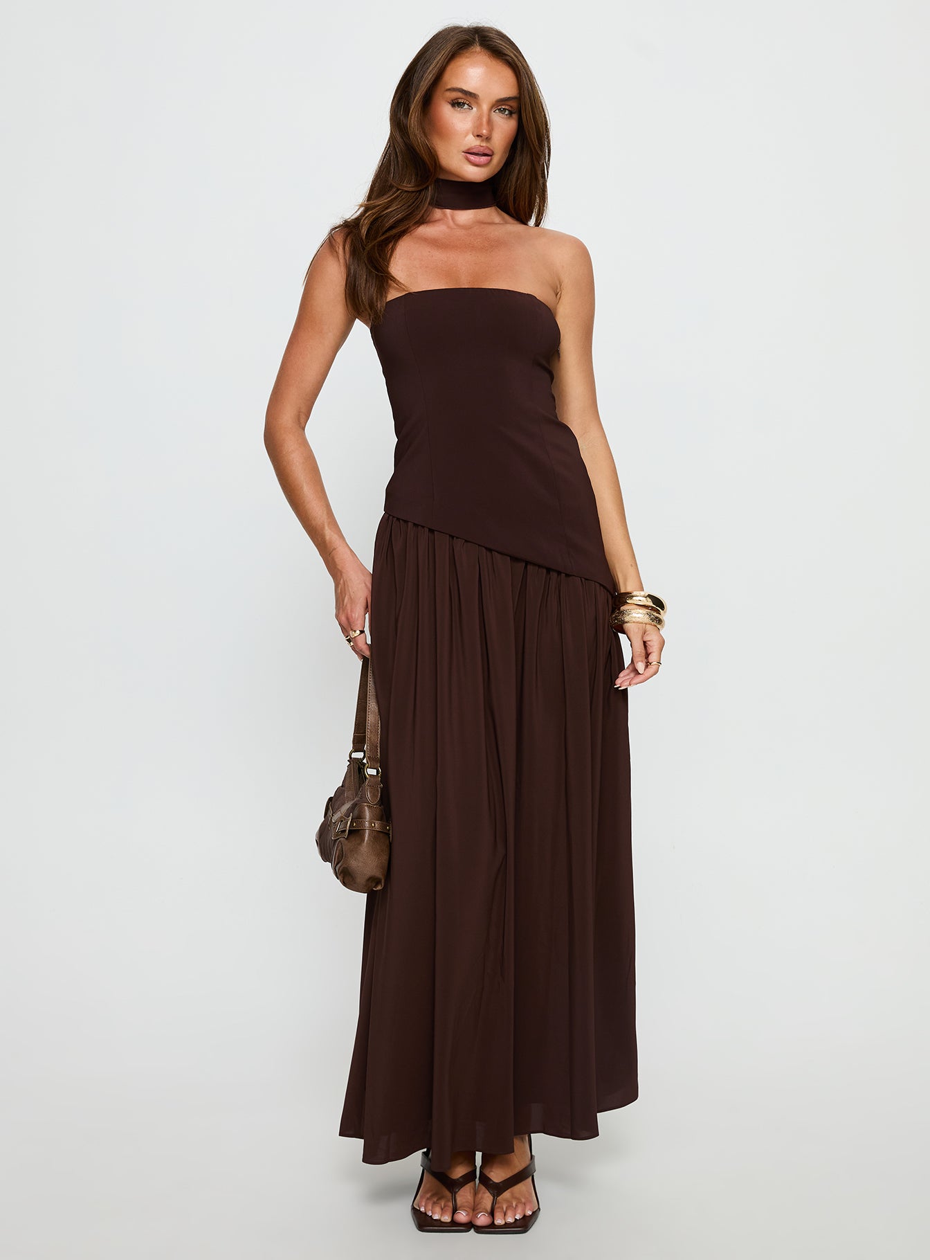 Odela Strapless Scarf Drop Waist Maxi Dress Chocolate