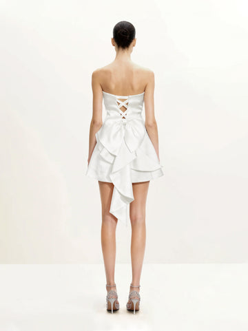 Satin Strapless Bow-Back Mini Dress - White