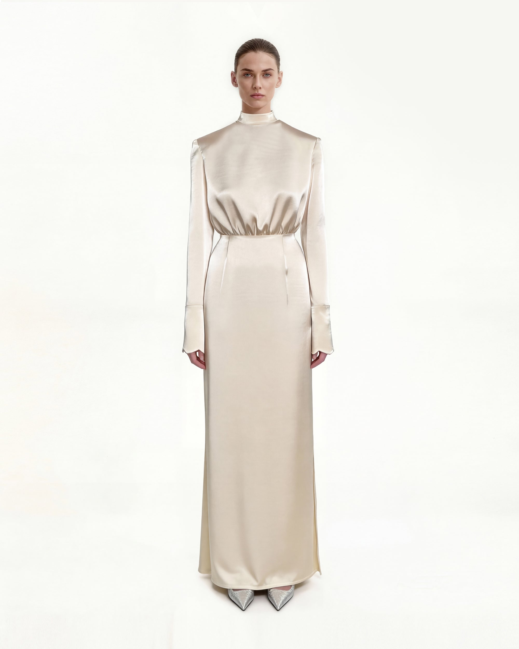 Structured Shoulder Design Satin High-Neck Fitted Maxi Dress - Cream