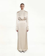 Structured Shoulder Design Satin High-Neck Fitted Maxi Dress - Cream