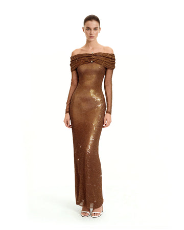Rhinestone Mesh Off-Shoulder Maxi Dress - Brown