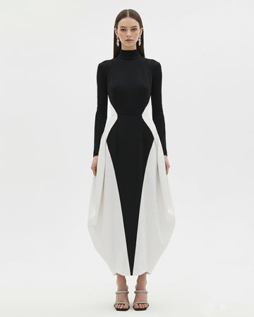 Monochrome Paneled Long-Sleeve Maxi Dress - Black