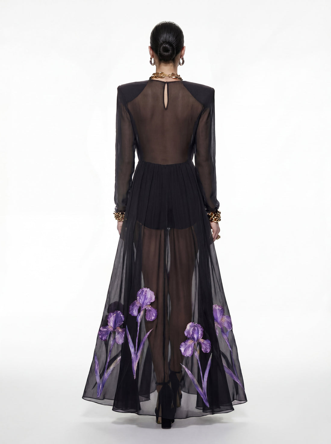 Iris Floral Print Long-Sleeve Sheer Gown - Black/Purple