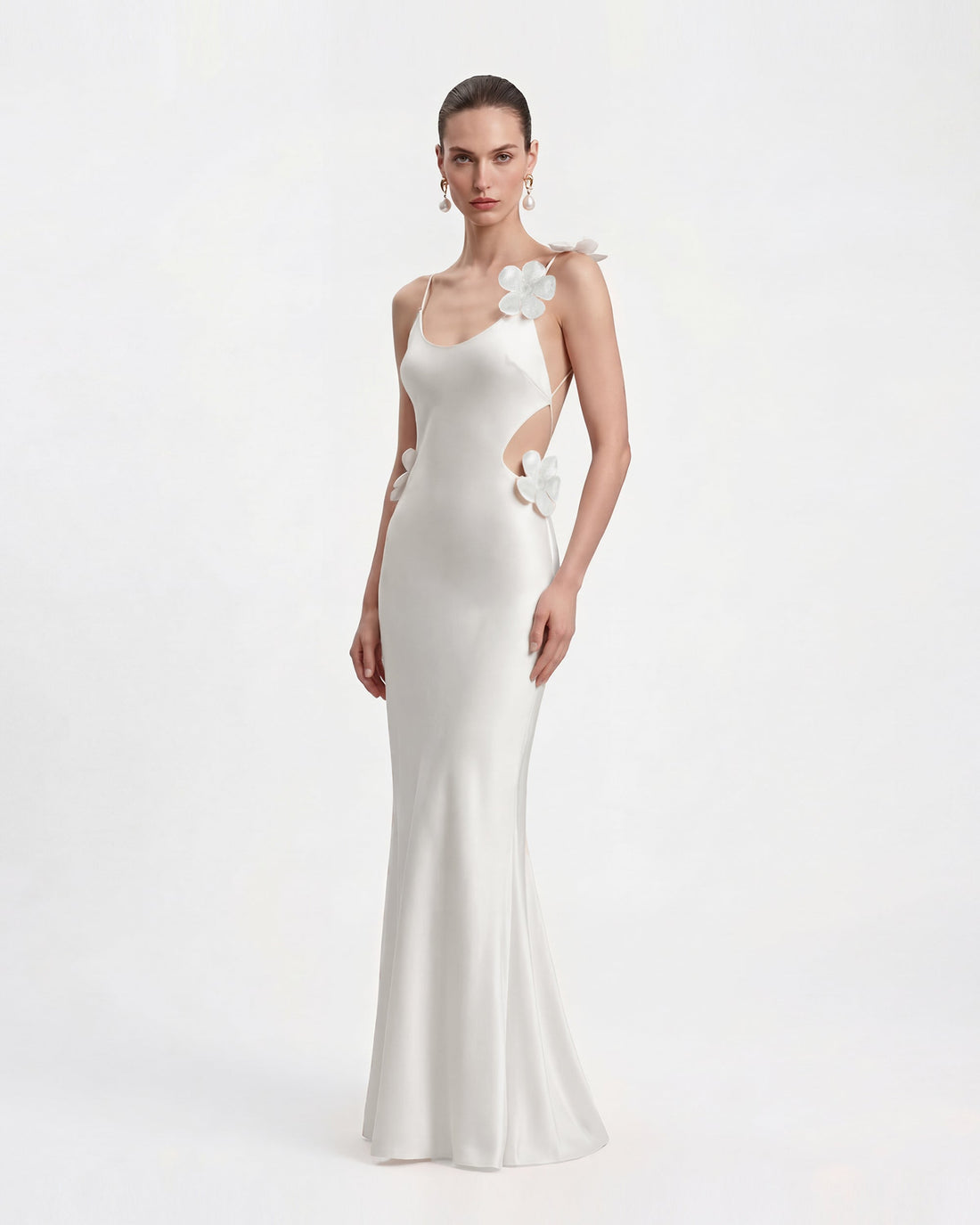 3D Floral Appliqué Satin Dress - White