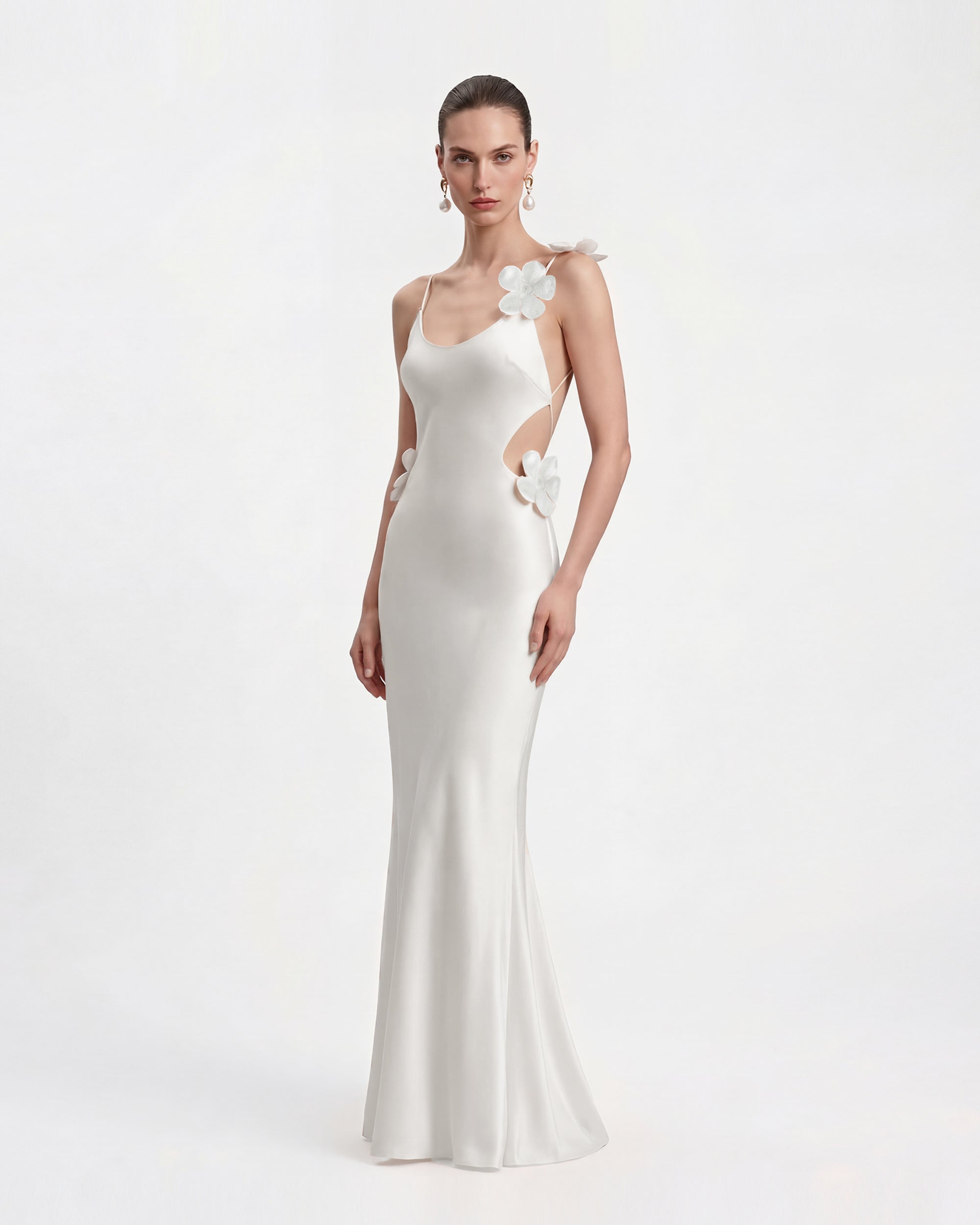 3D Floral Appliqué Satin Dress - White