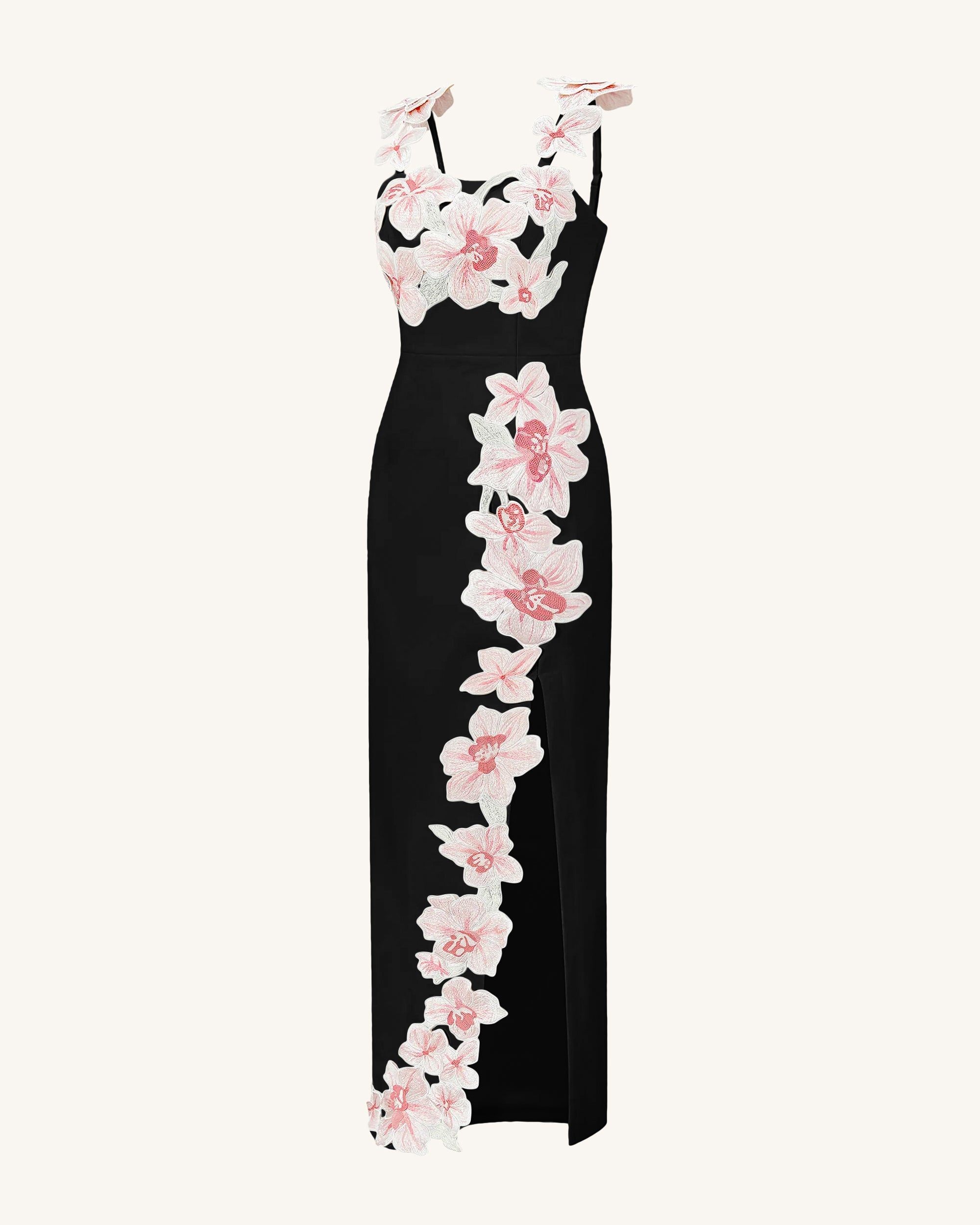 Flower Embroidered Dress - Black/Pink