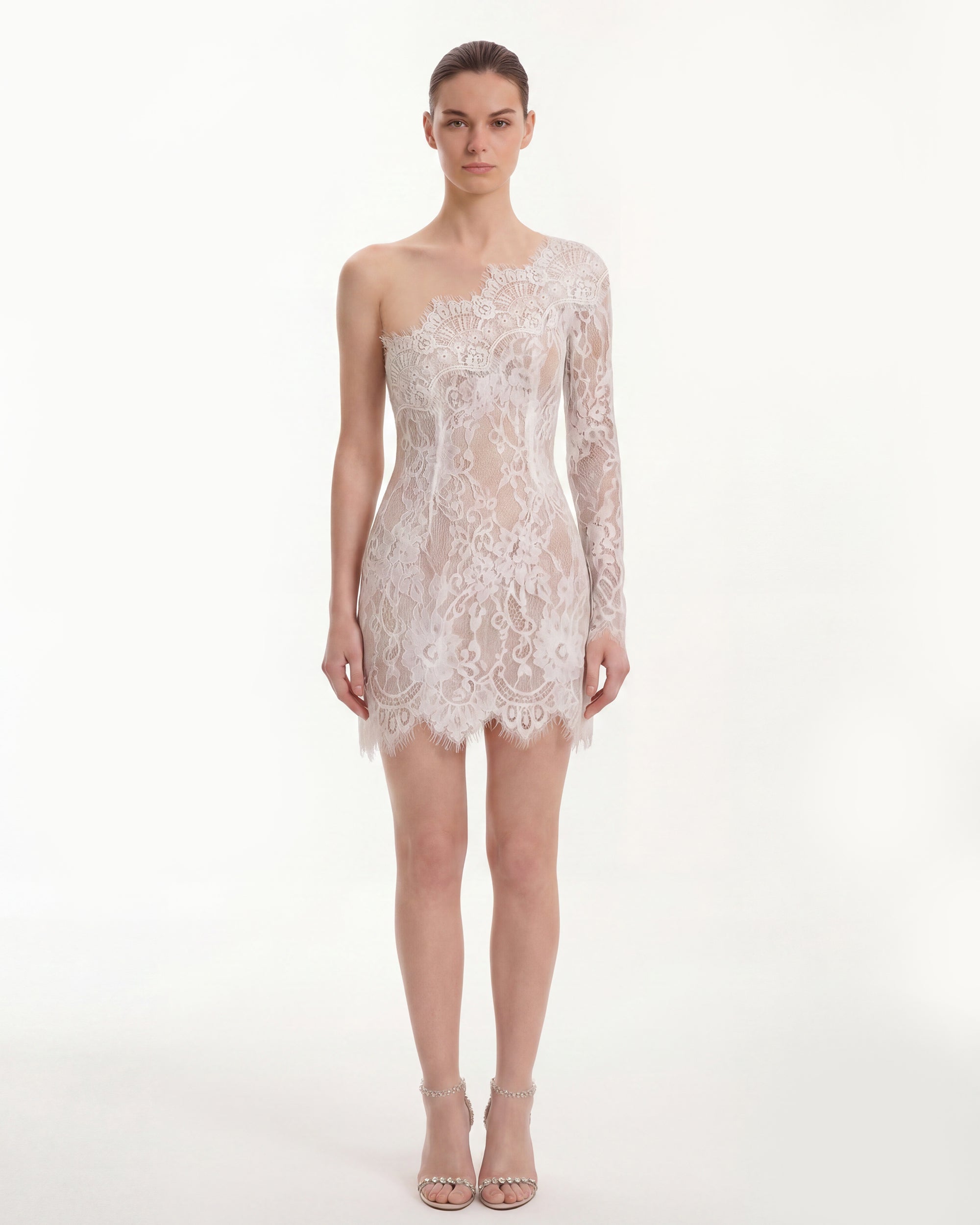 One Shoulder Lace Mini Dress - White