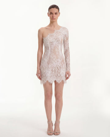 One Shoulder Lace Mini Dress - White