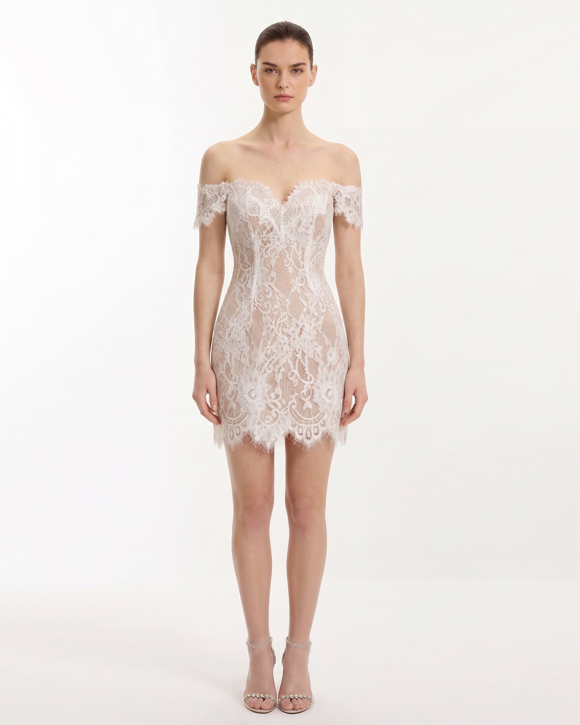 Off Shoulder Lace Mini Dress - White