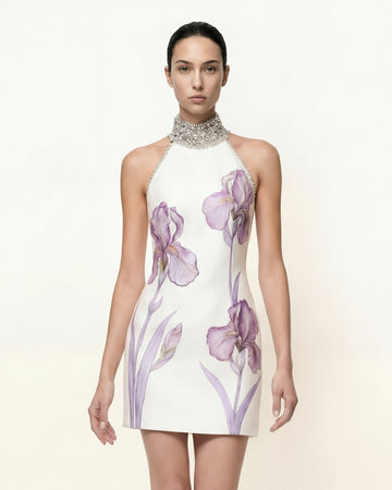 Jeweled Halter Iris Motif Dress - White