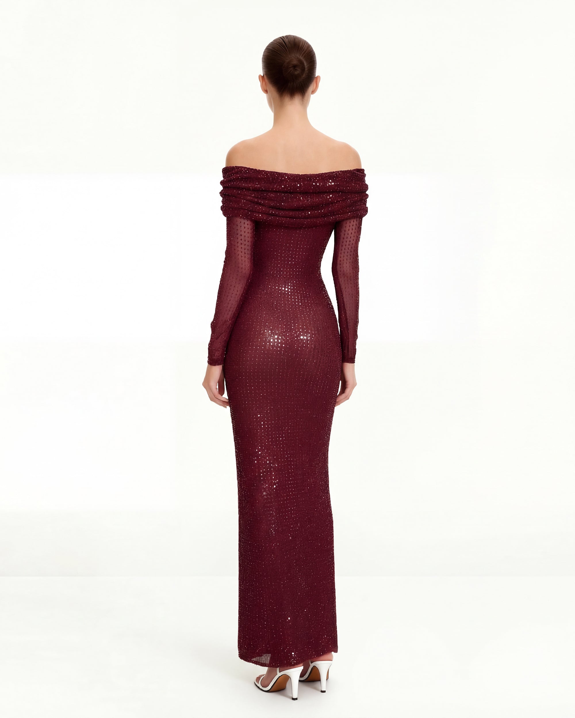 Rhinestone Mesh Off-Shoulder Maxi Dress - Claret