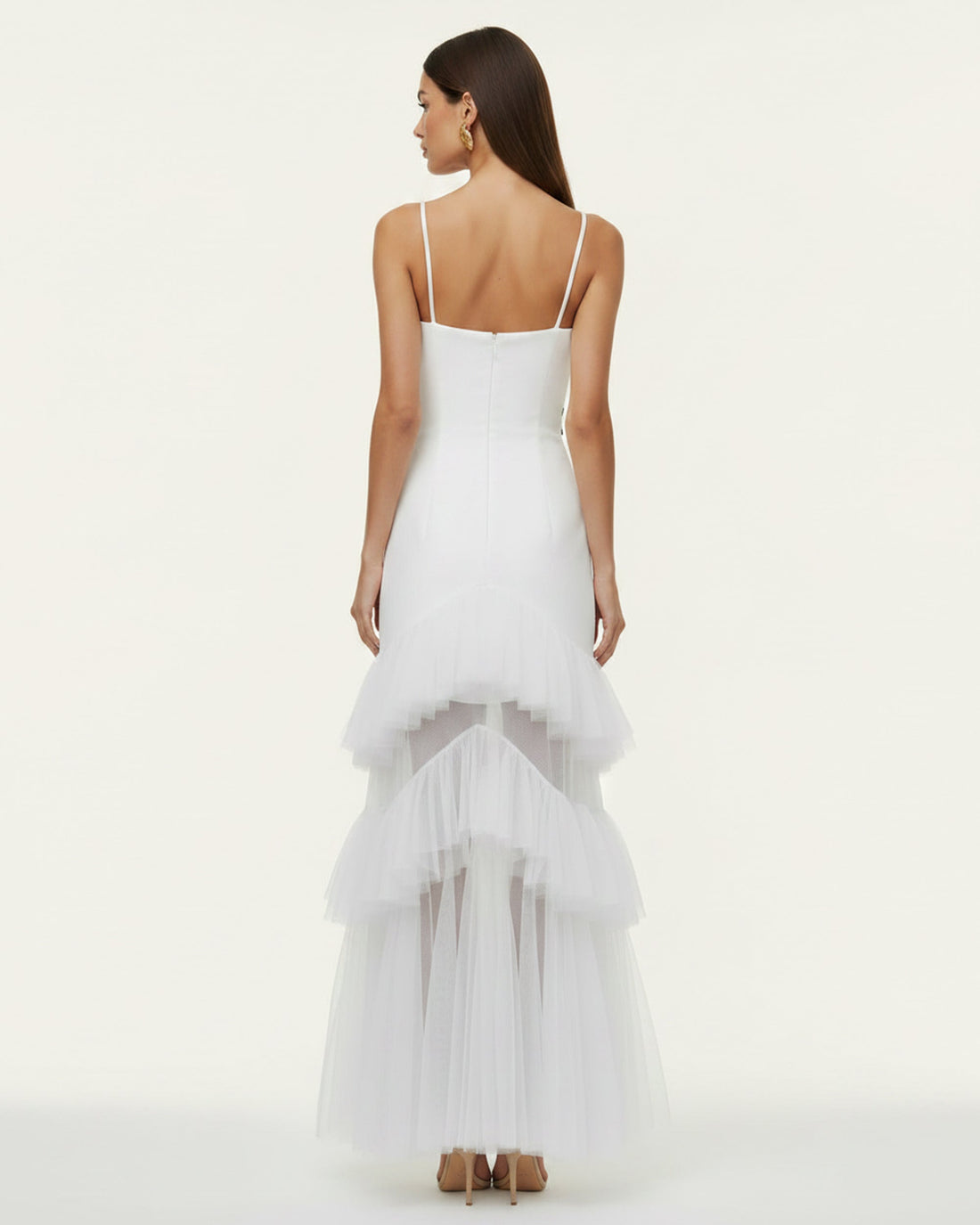 Orchid Embroidered Ruffled Tulle Strapless Maxi Dress - White