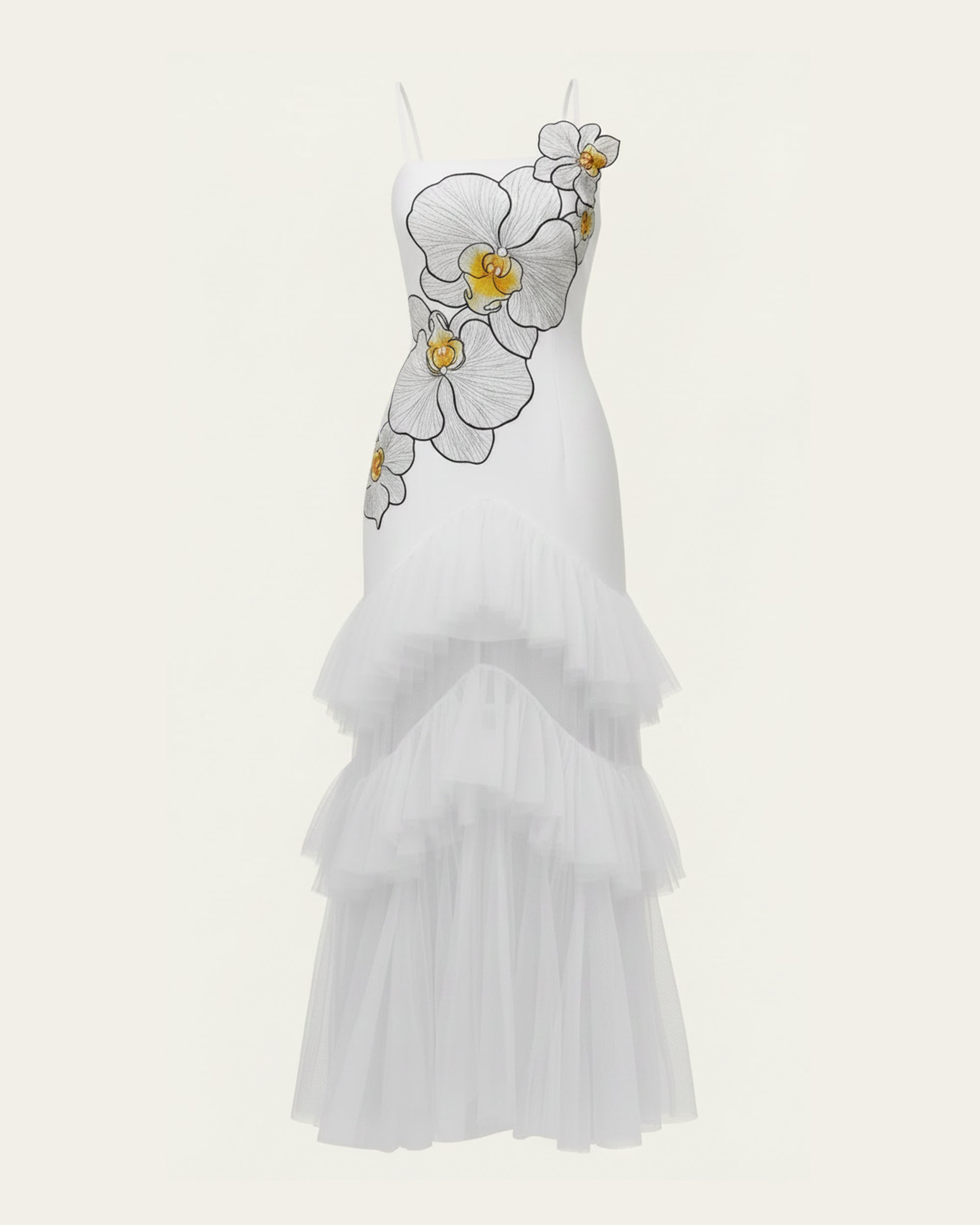Orchid Embroidered Ruffled Tulle Strapless Maxi Dress - White