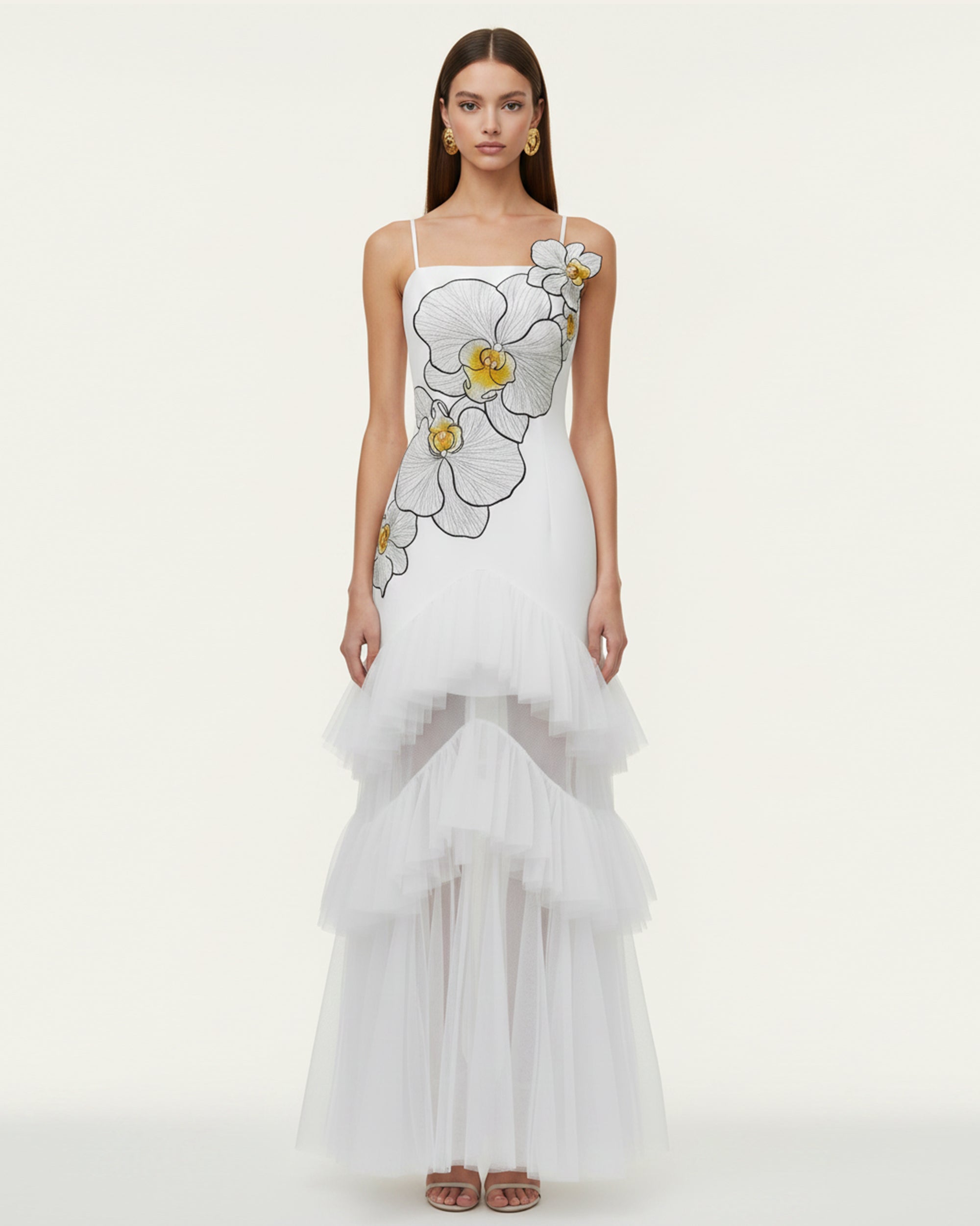 Orchid Embroidered Ruffled Tulle Strapless Maxi Dress - White