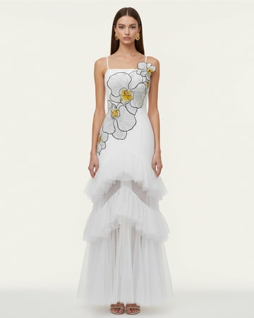 Orchid Embroidered Ruffled Tulle Strapless Maxi Dress - White