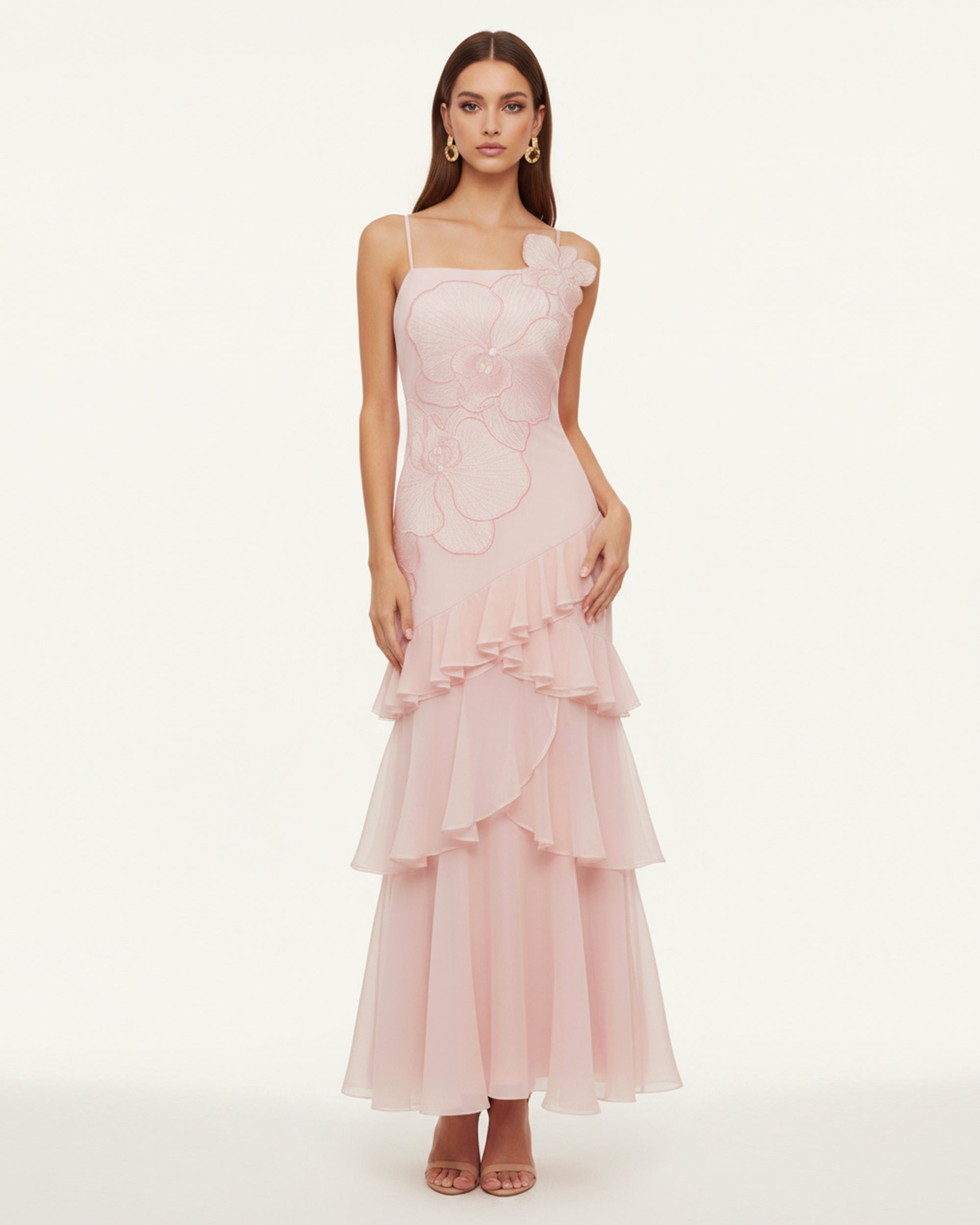 Orchid Embroidered Ruffled One-Shoulder Maxi Dress - Blush Pink