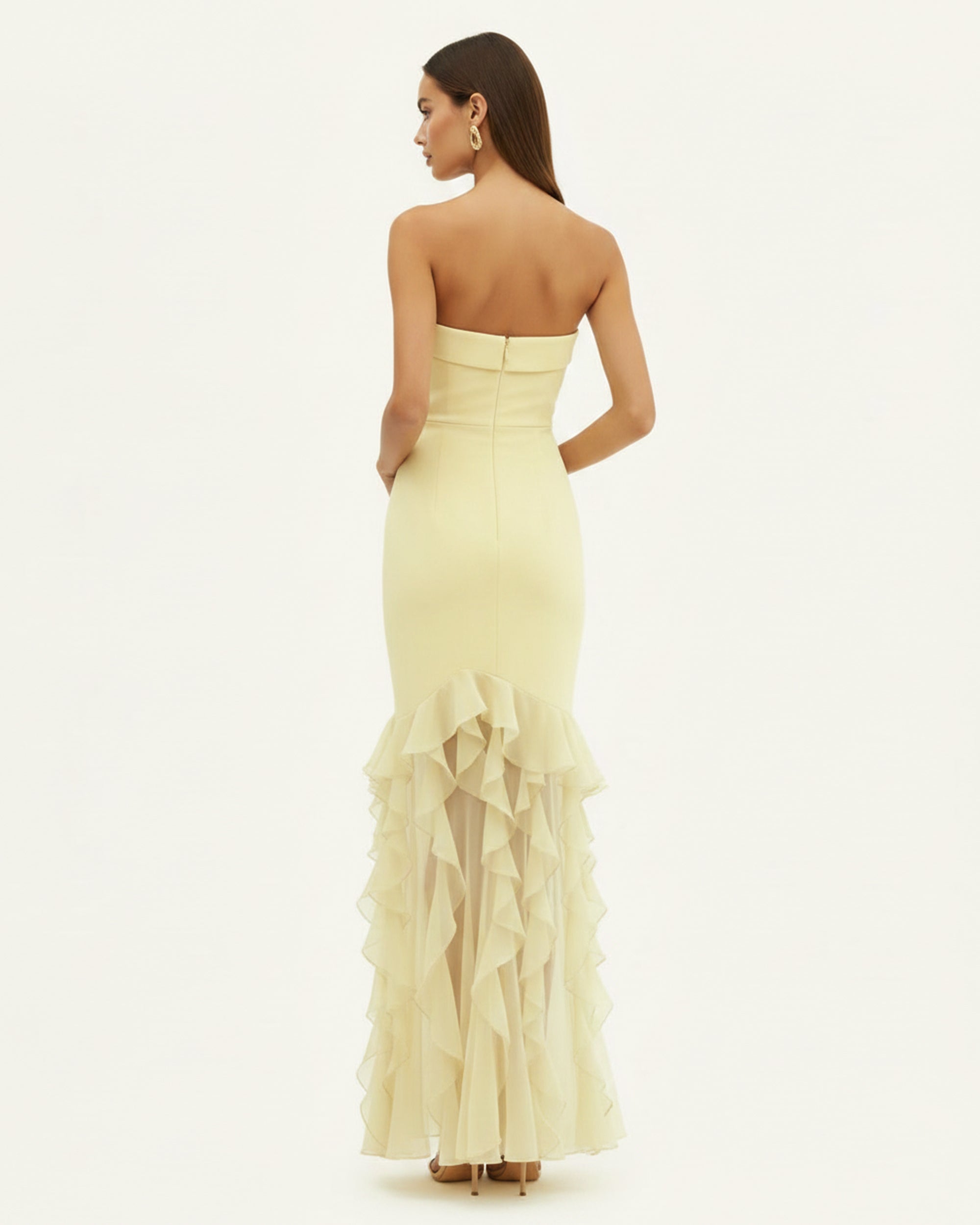Orchid Embroidered Ruffled Strapless Maxi Dress - Pale Yellow