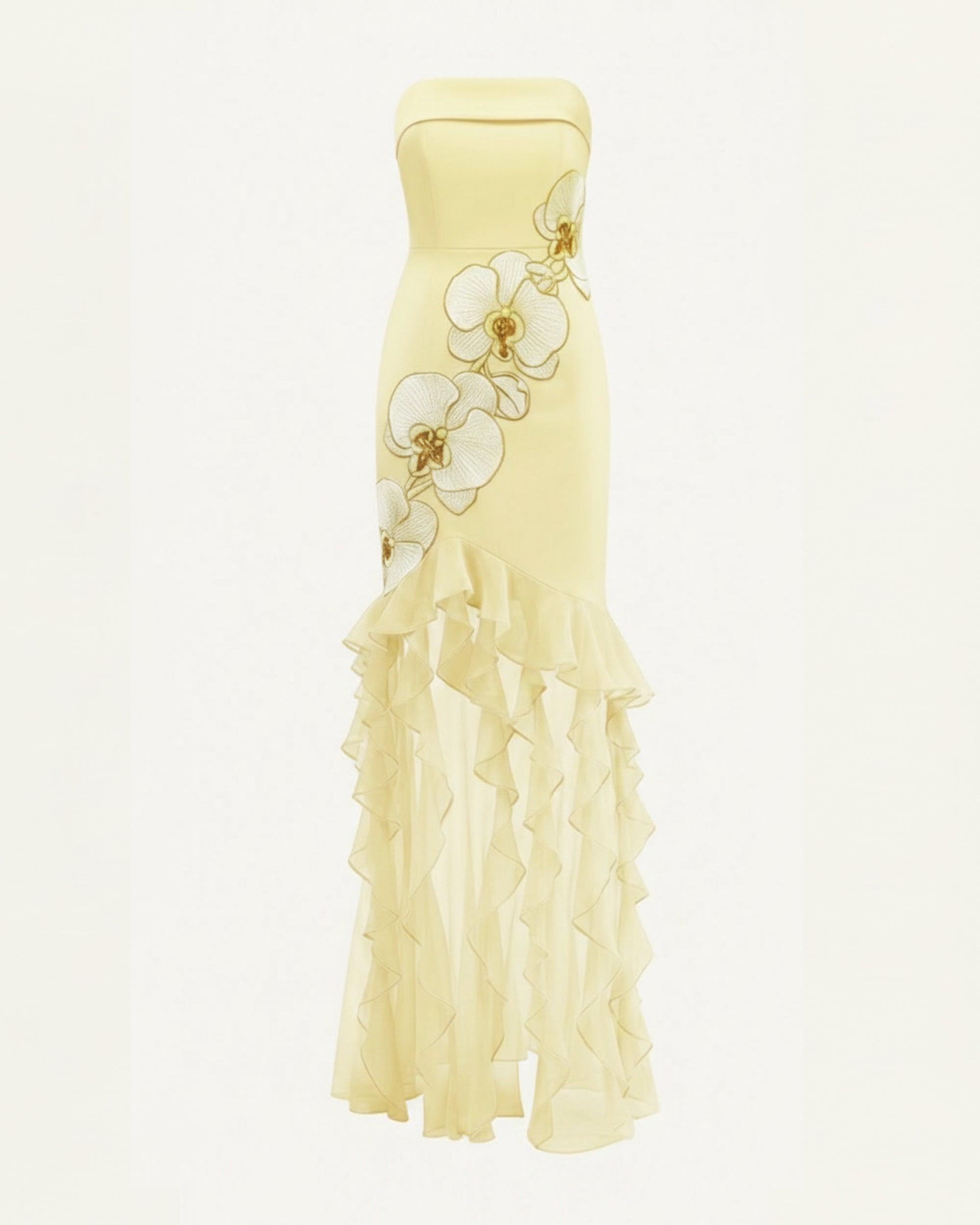 Orchid Embroidered Ruffled Strapless Maxi Dress - Pale Yellow