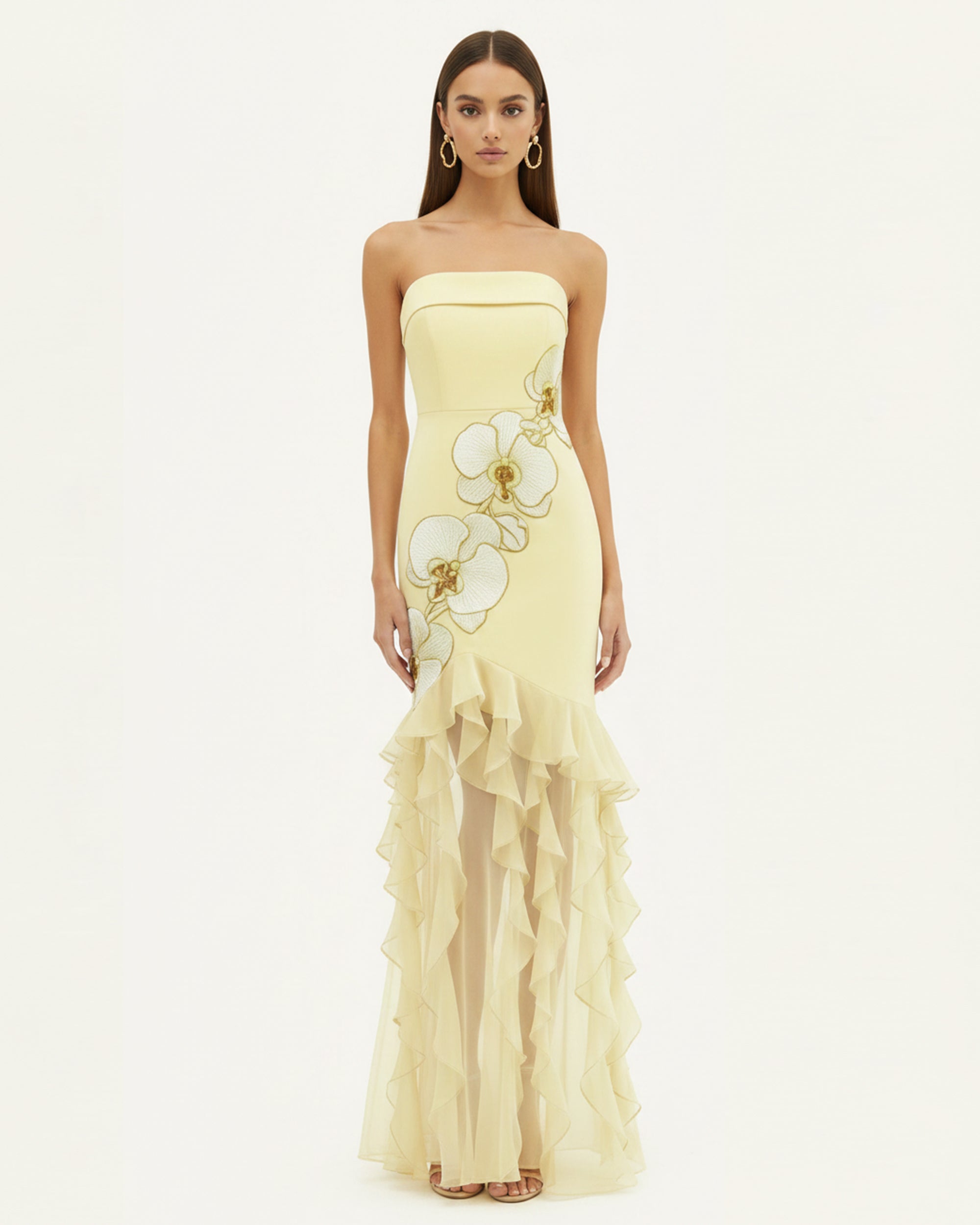 Orchid Embroidered Ruffled Strapless Maxi Dress - Pale Yellow