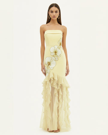 Orchid Embroidered Ruffled Strapless Maxi Dress - Pale Yellow