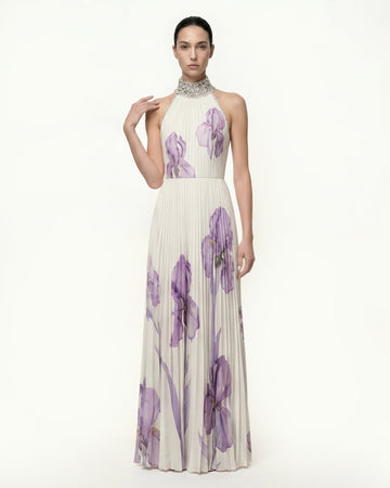 Jeweled-neck Halter Pleated Iris Print Maxi Dress - White/Purple