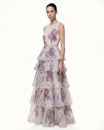Jeweled-Trim Tiered Iris Print Organza Maxi Dress - White/Purple