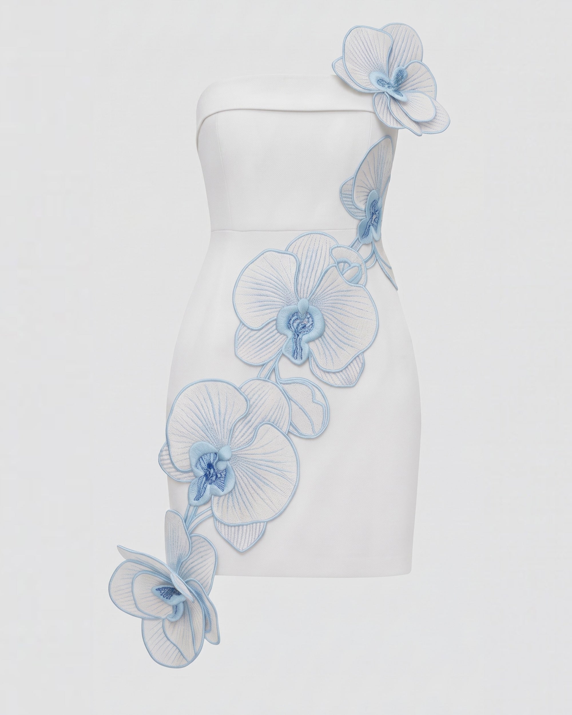 Orchid Embroidered Floral Appliqué Strapless Mini Dress - White Blue