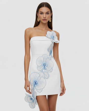 Orchid Embroidered Floral Appliqué Strapless Mini Dress - White Blue