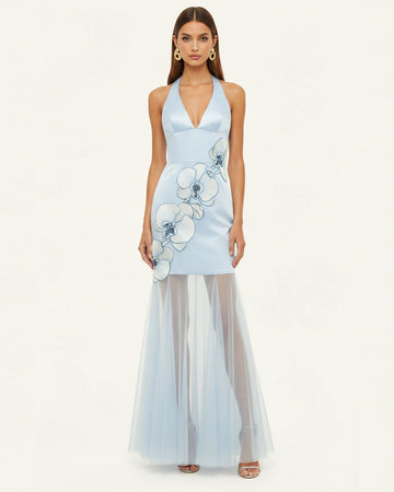 Orchid Embroidered Sheer Hem Halter Maxi Dress - Light Blue
