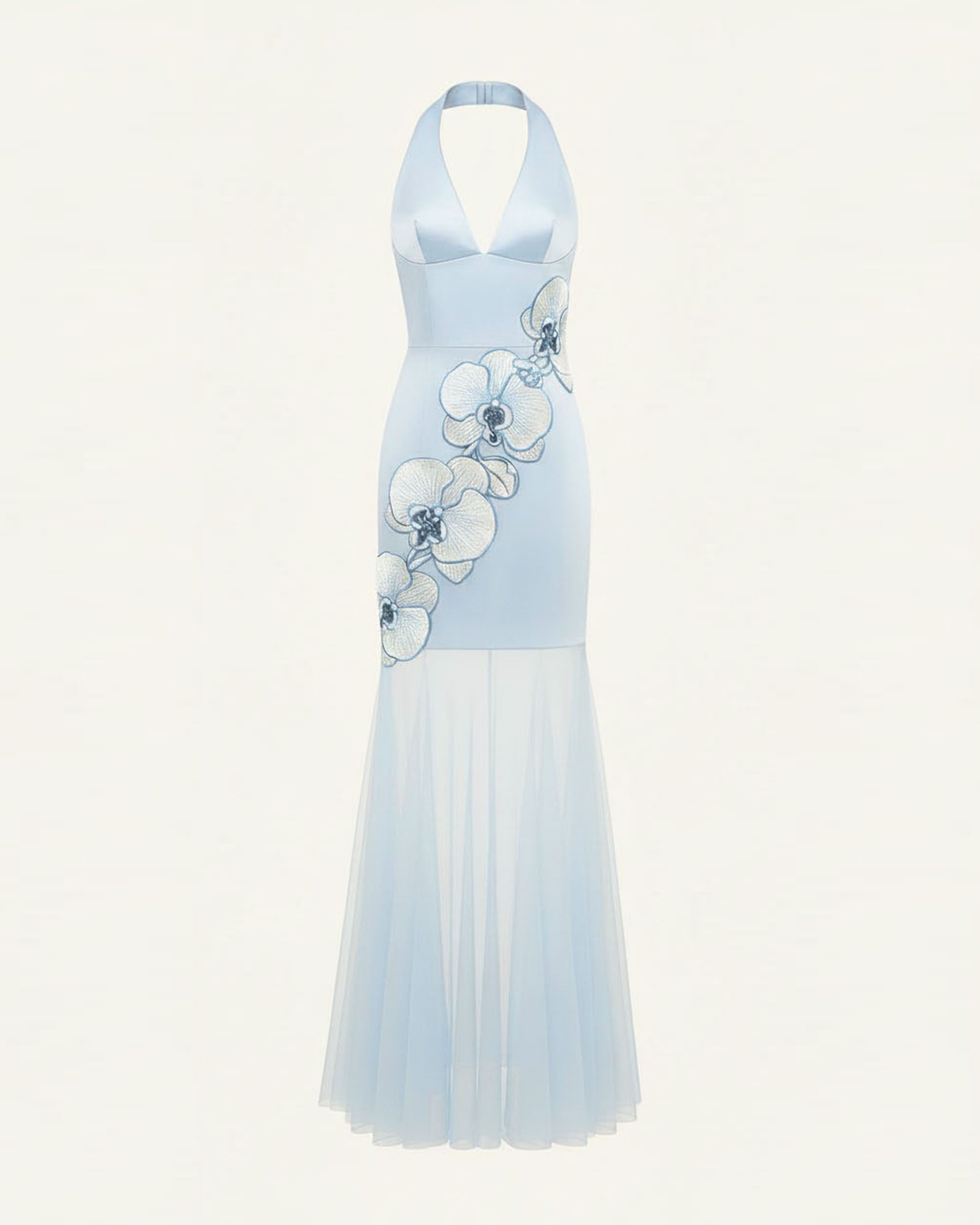 Orchid Embroidered Sheer Hem Halter Maxi Dress - Light Blue