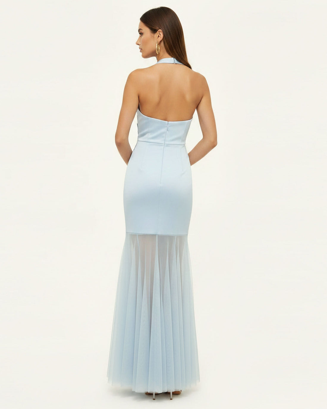 Orchid Embroidered Sheer Hem Halter Maxi Dress - Light Blue