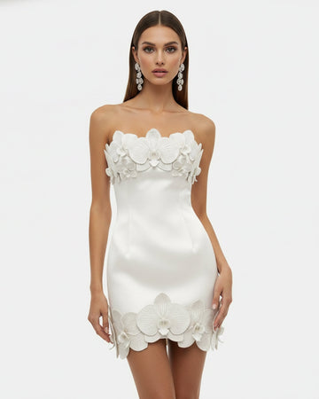 Orchid Trim Strapless Mini Dress - White