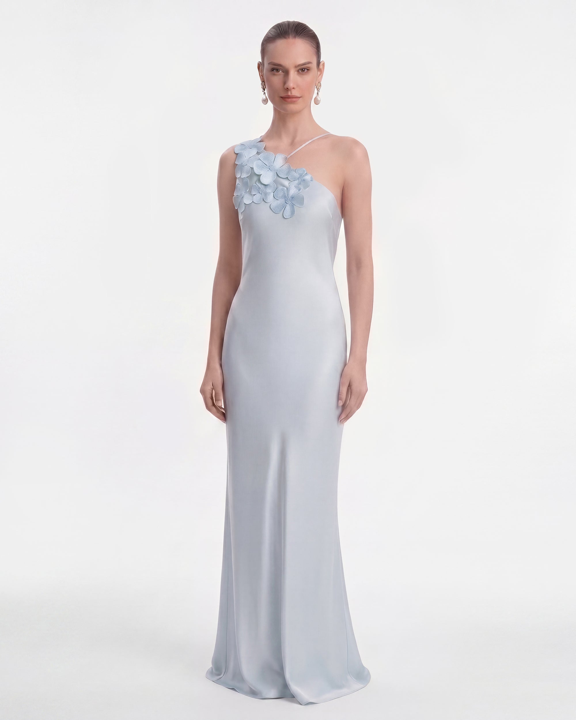 Floral Appliqué One Shoulder Maxi Dress - Light Blue