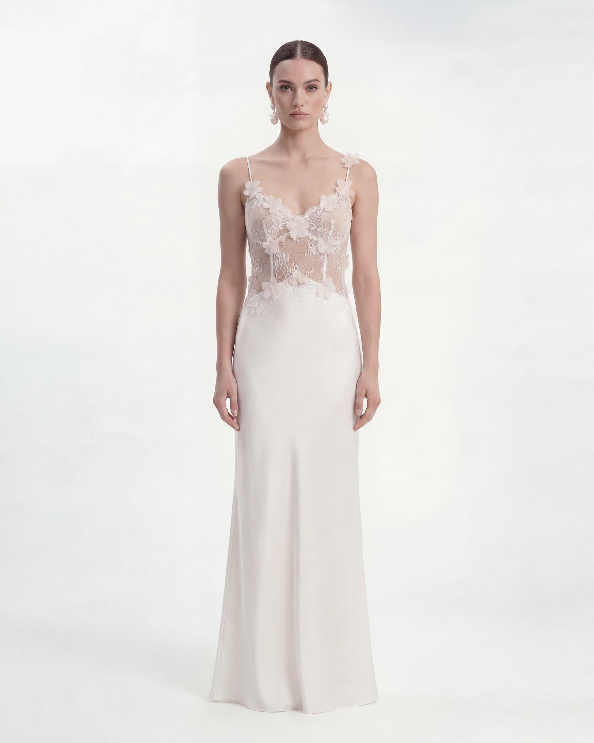 Floral Appliqué Sheer Lace Maxi Dress - White