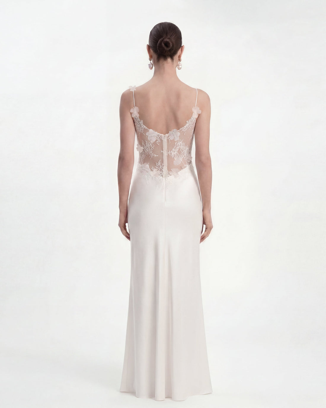 Floral Appliqué Sheer Lace Maxi Dress - White