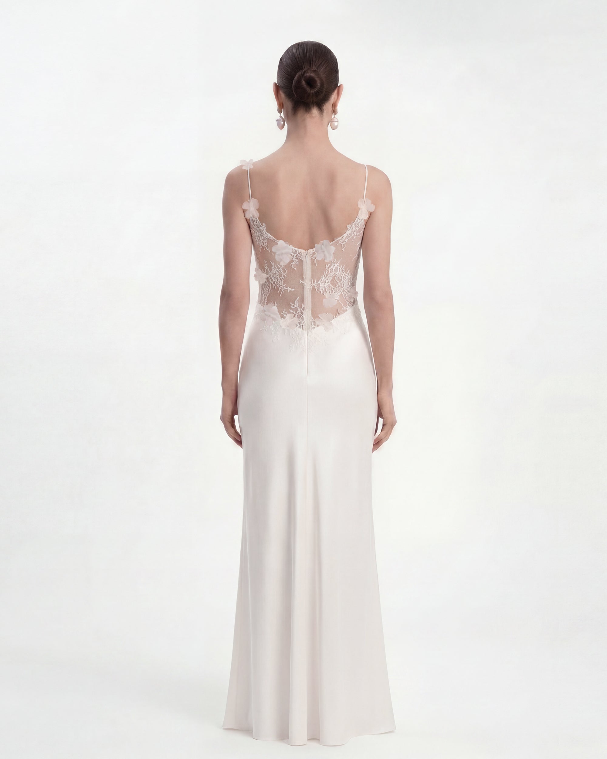 Floral Appliqué Sheer Lace Maxi Dress - White